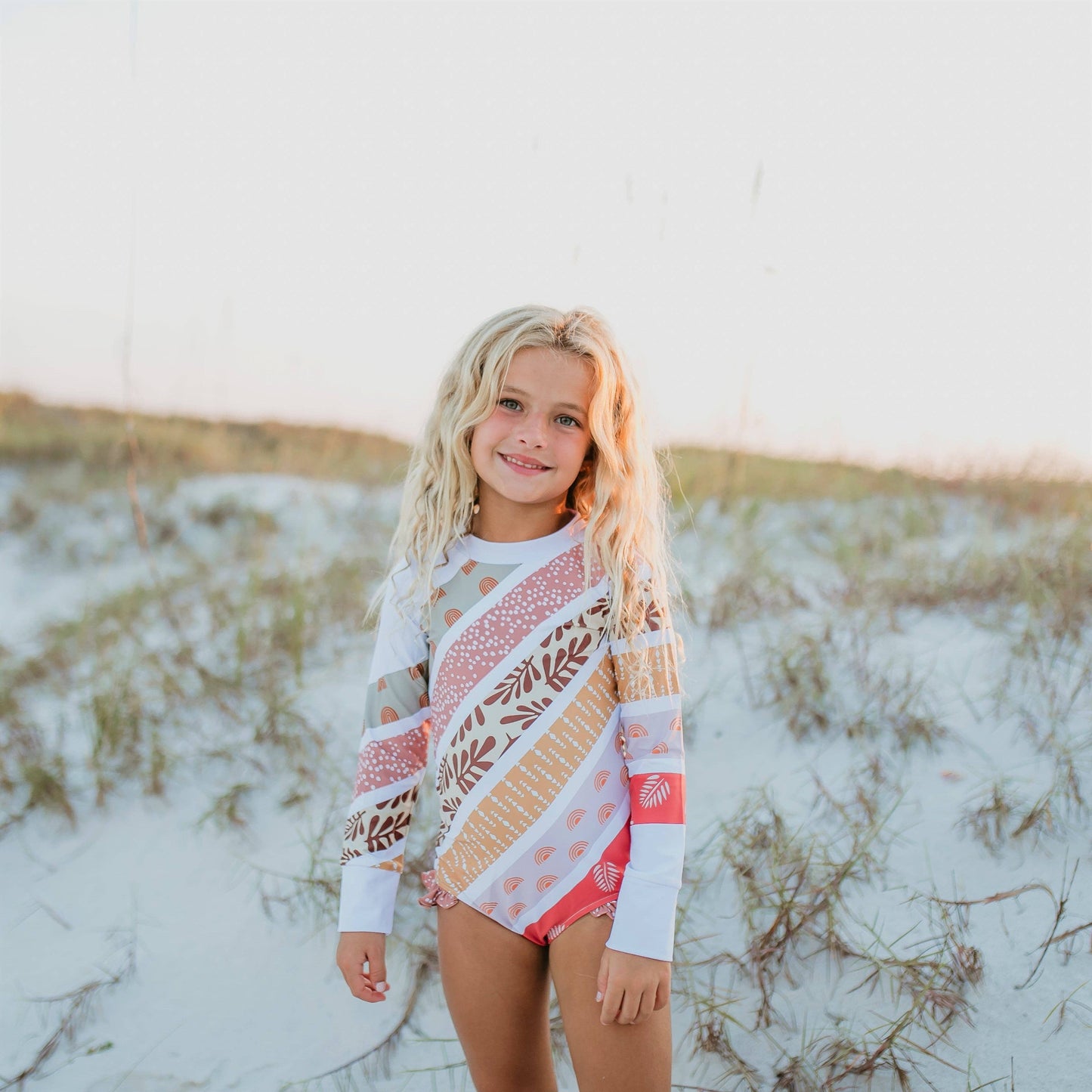 Oopsie Daisy - Kids Boho Stripe Rainbow Zip Rash Guard One Piece Swimsuit SPF 50