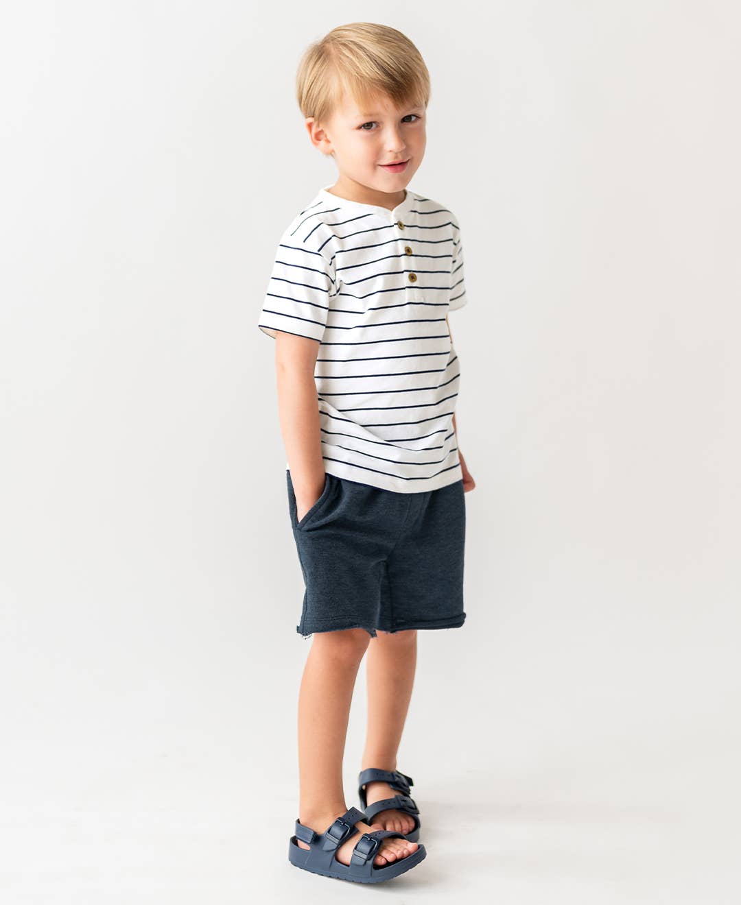 RuffleButts + RuggedButts - Boys White & Navy Stripe Short Sleeve Henley