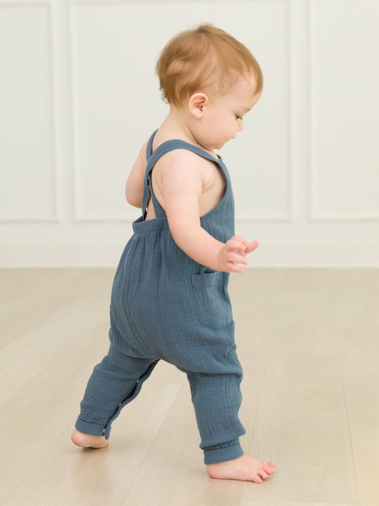 RuffleButts + RuggedButts - Baby Boys Steel Blue Cotton Gauze Overall Jumpsuit