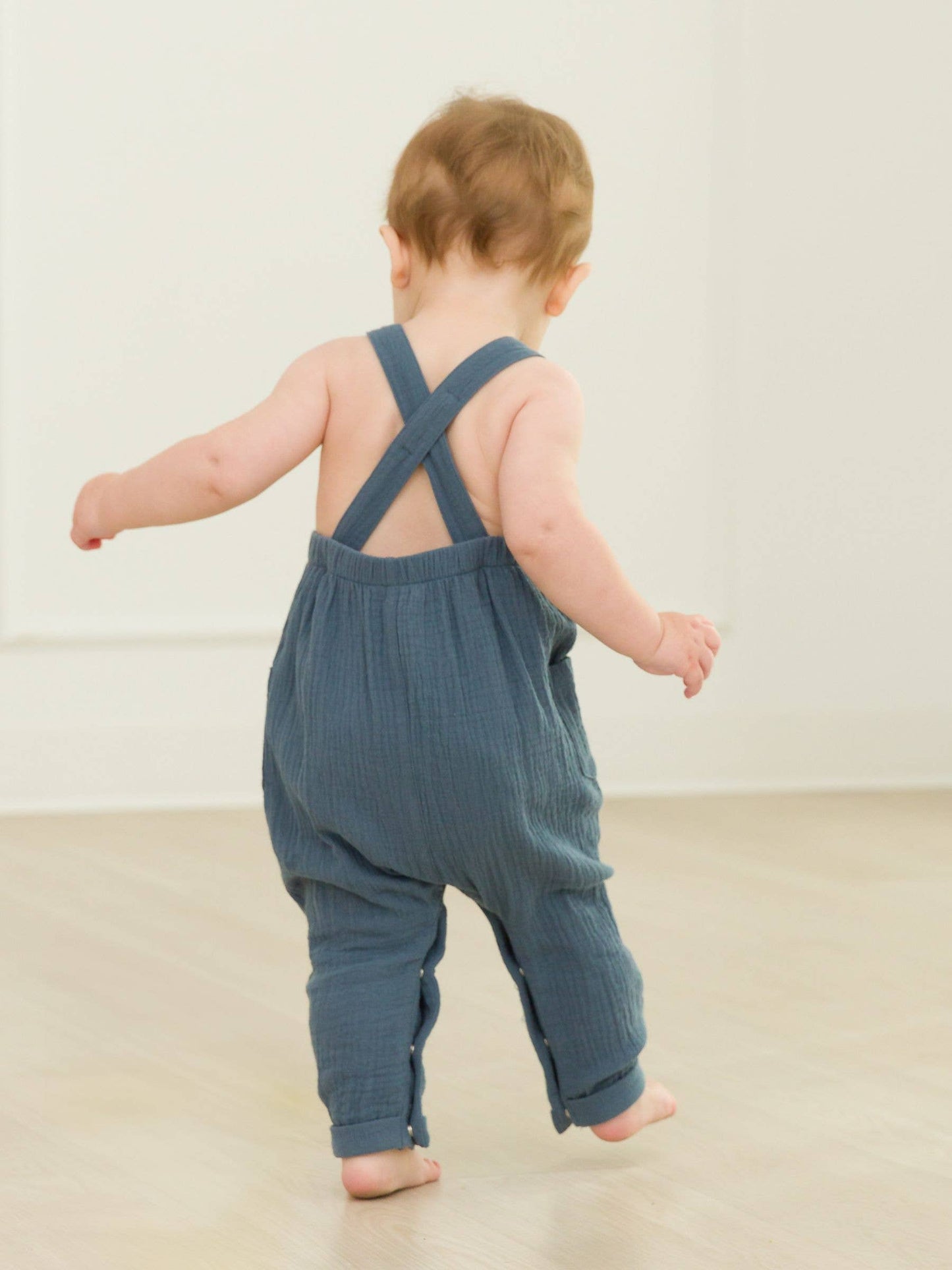 RuffleButts + RuggedButts - Baby Boys Steel Blue Cotton Gauze Overall Jumpsuit