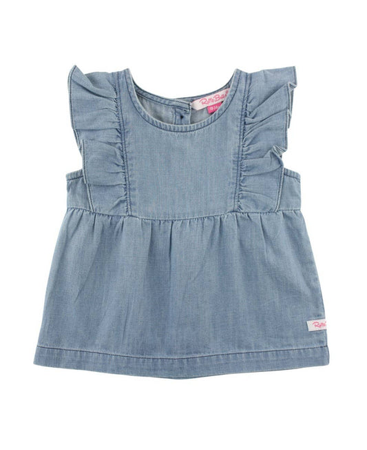 RuffleButts + RuggedButts - Girls Light Wash Denim Classic Ruffle Tank Woven