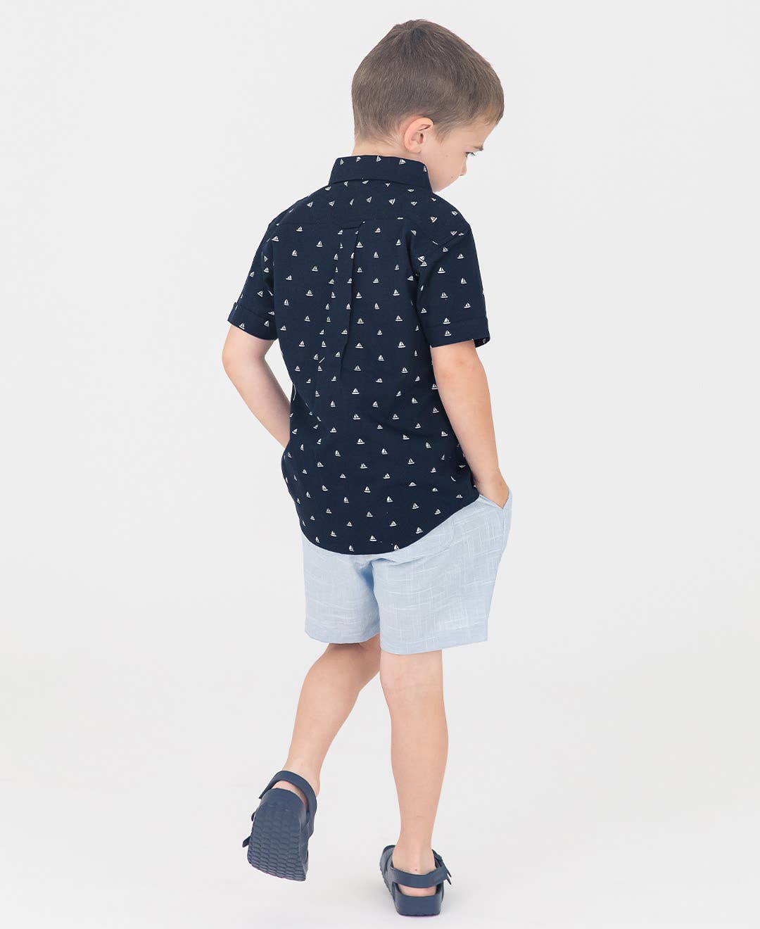 RuffleButts + RuggedButts - Boys Navy Sailboats Short Sleeve Button Down Shirt