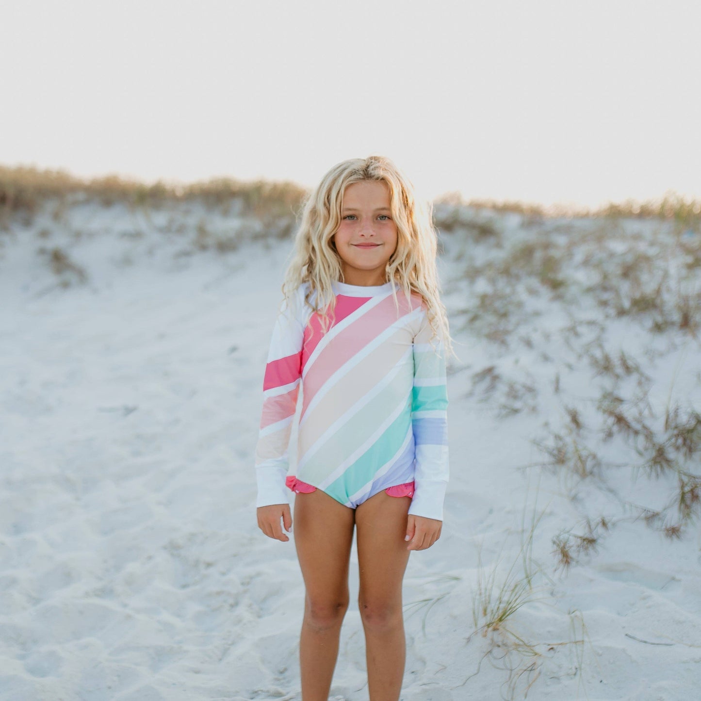 Oopsie Daisy - Kids Pastel Rainbow Stripe Zip Rash Guard One Piece Swimsuit SPD 50