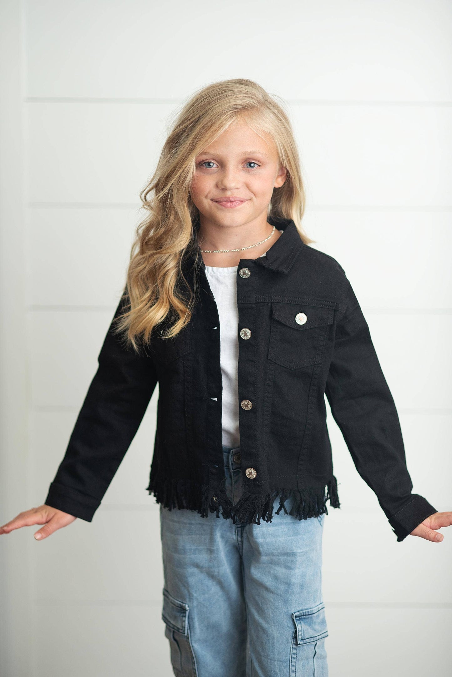 Oopsie Daisy - Kids Black Denim Fringe Fall Winter Button Jacket