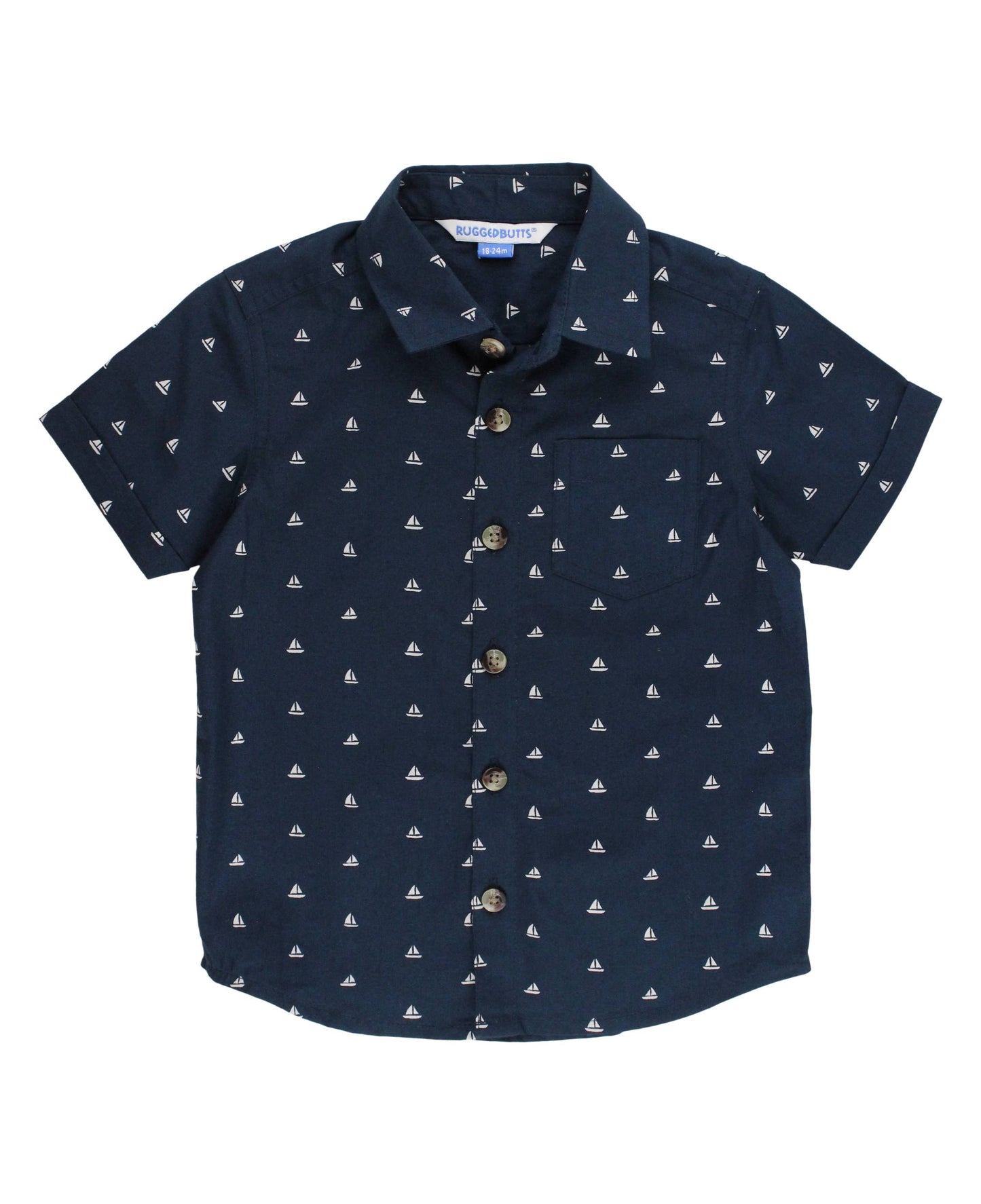 RuffleButts + RuggedButts - Boys Navy Sailboats Short Sleeve Button Down Shirt