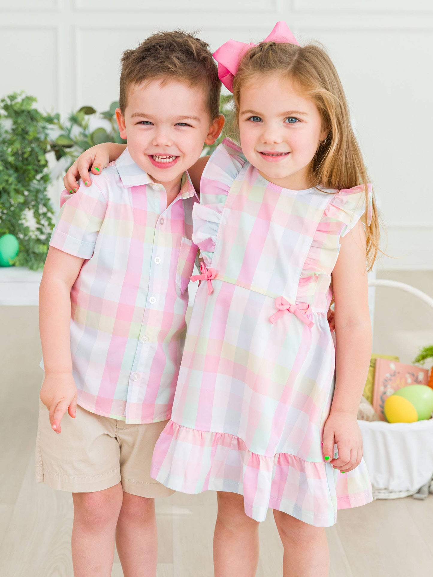 RuffleButts + RuggedButts - Girls Picnic Plaid Pinafore Bow Dress