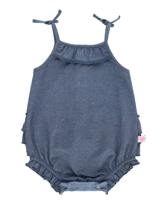 RuffleButts + RuggedButts - Baby Girls Faux Denim Pom Pom Bubble Romper