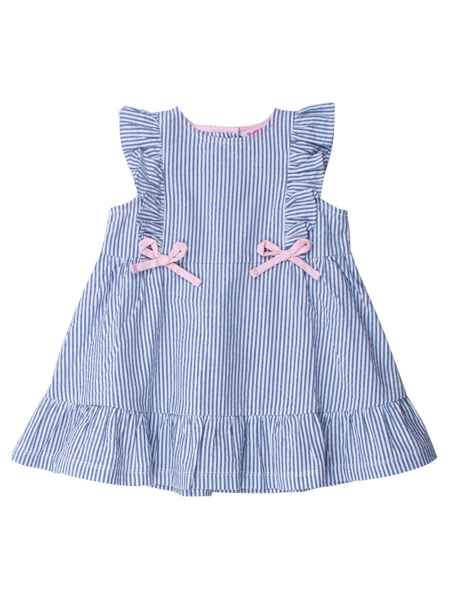 RuffleButts + RuggedButts - Girls Classic Blue Seersucker Pinafore Bow Dress