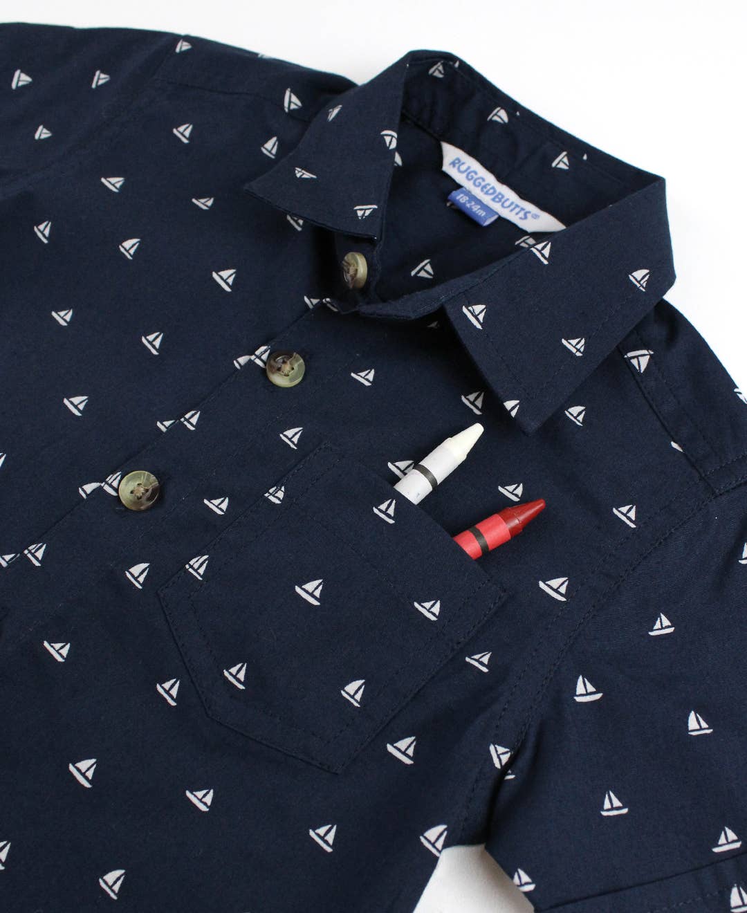 RuffleButts + RuggedButts - Boys Navy Sailboats Short Sleeve Button Down Shirt