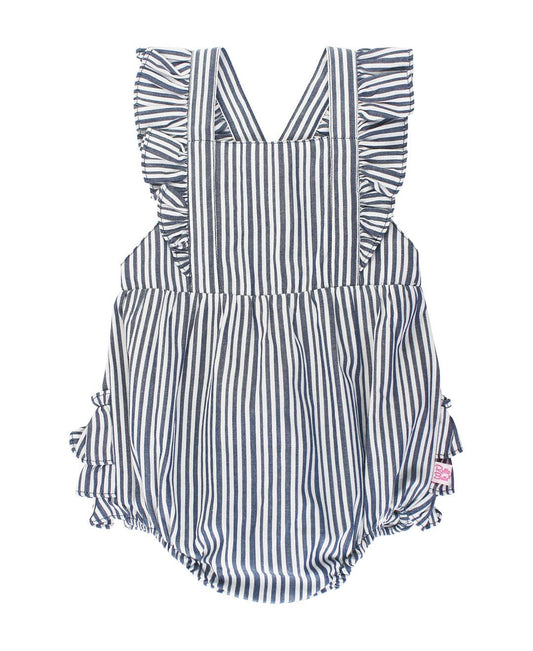 RuffleButts + RuggedButts - Baby Girls Navy Micro Stripe Woven Pinafore Cross-Back Bubble Romper