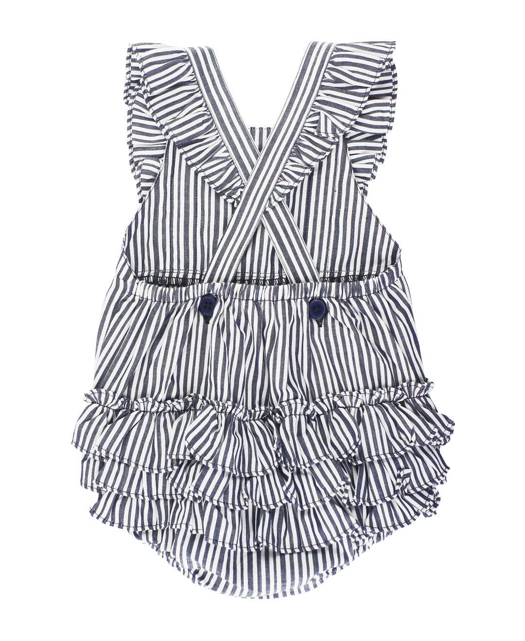 RuffleButts + RuggedButts - Baby Girls Navy Micro Stripe Woven Pinafore Cross-Back Bubble Romper