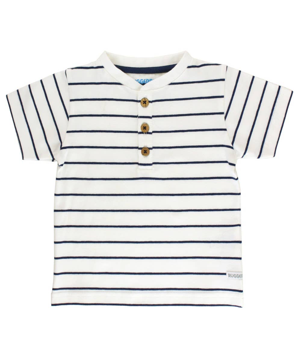 RuffleButts + RuggedButts - Boys White & Navy Stripe Short Sleeve Henley