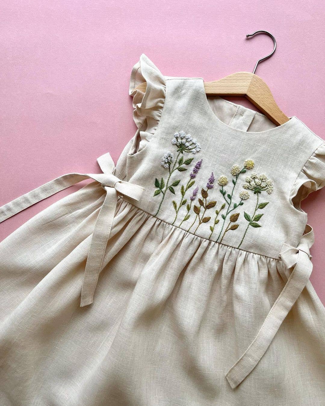 EmbroideryNTA - Dress with Wildflowers Embroidery, Girls Soft Linen Dress