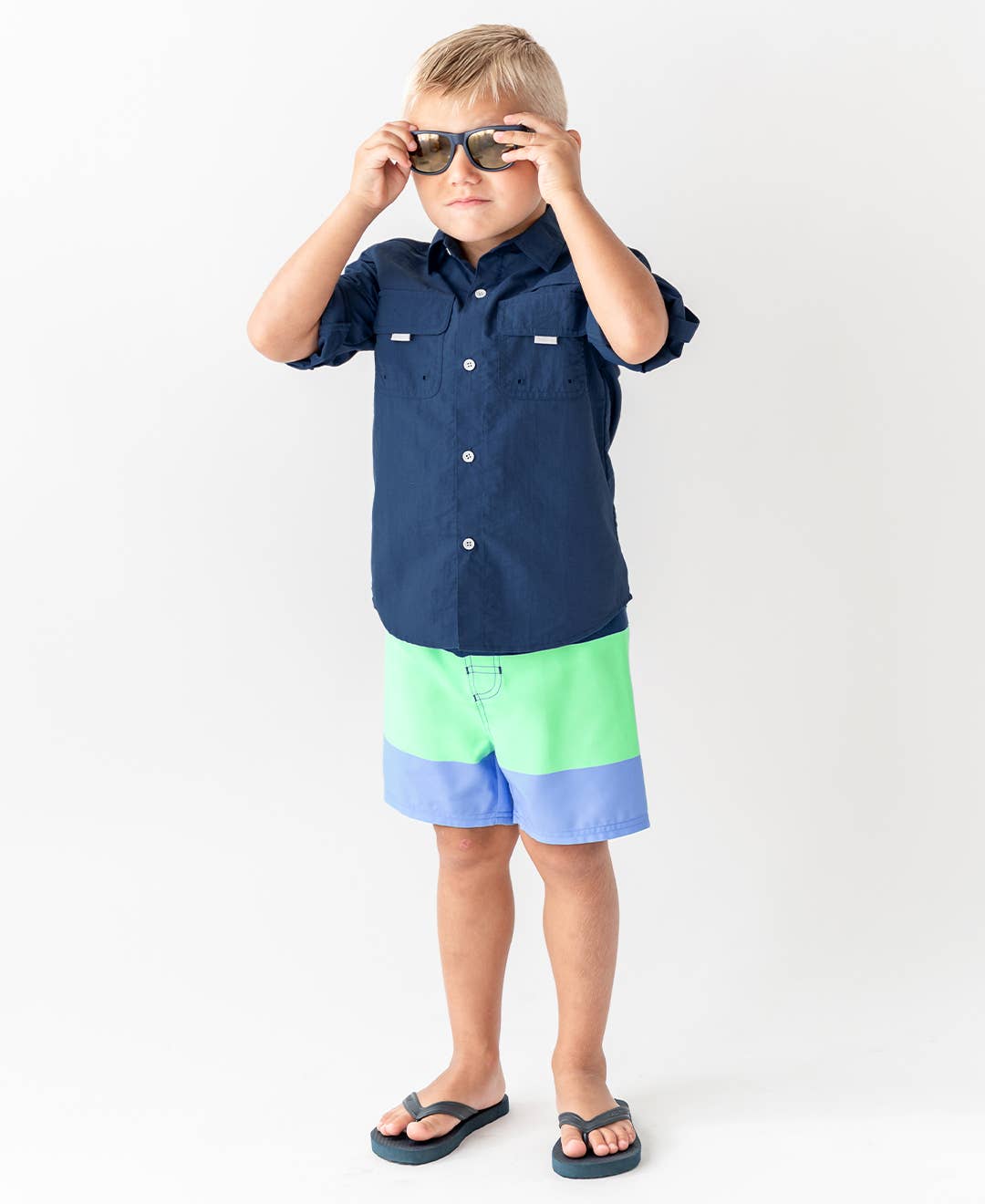 RuffleButts + RuggedButts - Boys Mint & Blue Color Block Swim Trunks