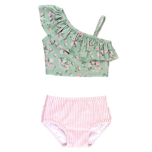 RuffleButts + RuggedButts - Girls Tea Roses One Shoulder Ruffle Tankini