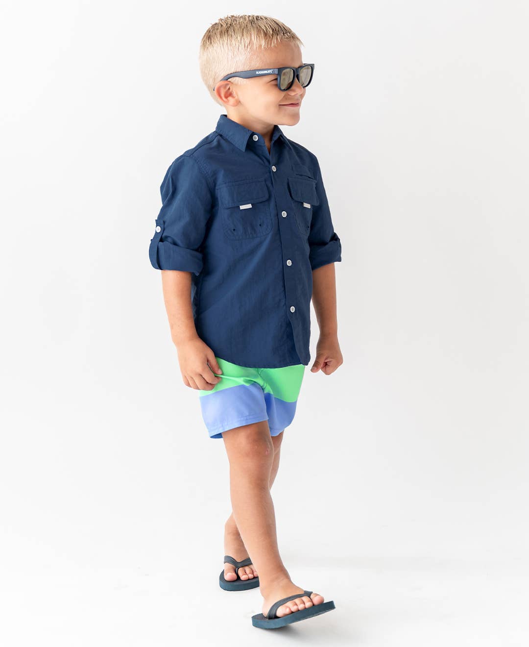 RuffleButts + RuggedButts - Boys Mint & Blue Color Block Swim Trunks