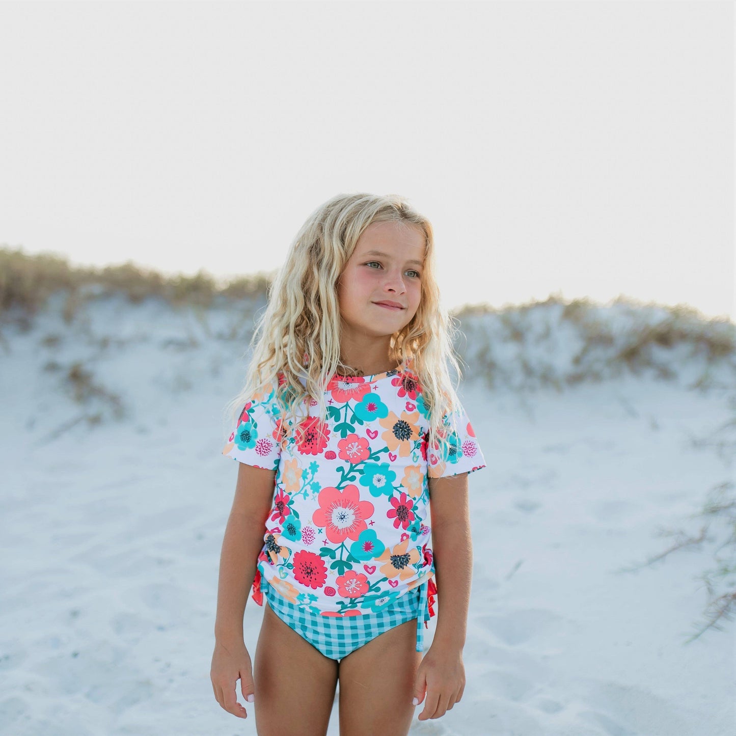 Oopsie Daisy - Kids Teal Gingham & Floral Rash Guard Ruffle Swimsuit