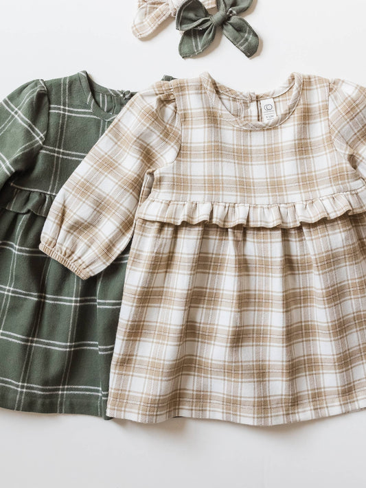 Baby and Kids Sydney Flannel Ruffle Dress - Latte Plaid