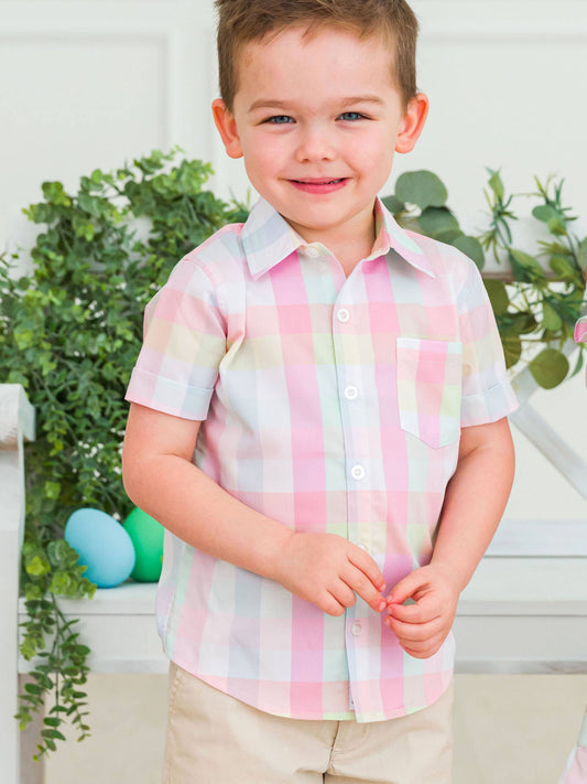 RuffleButts + RuggedButts - Boys Picnic Plaid Short Sleeve Button Down Shirt