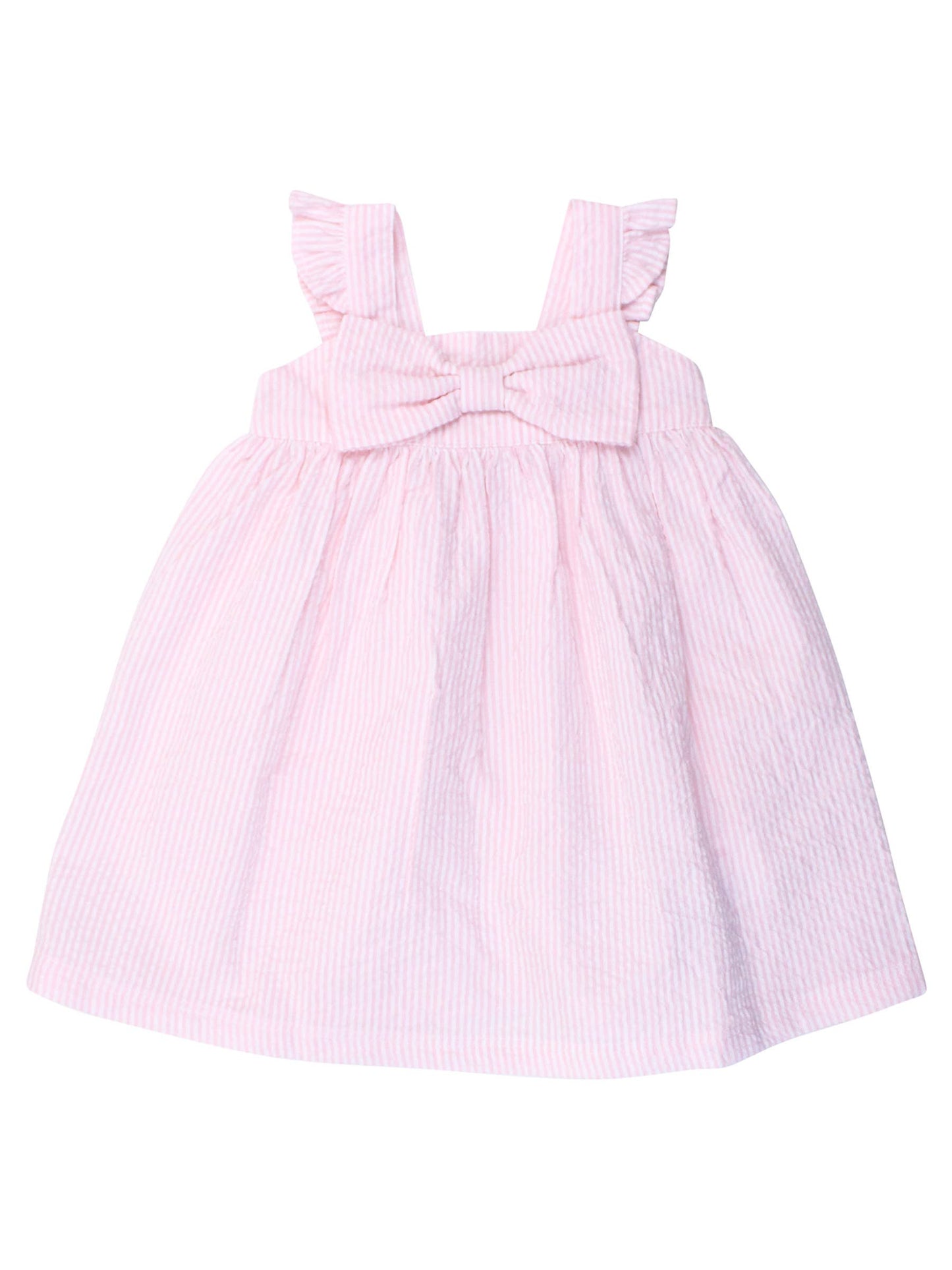 RuffleButts + RuggedButts - Girls Pink Seersucker Flutter Bow Woven Dress