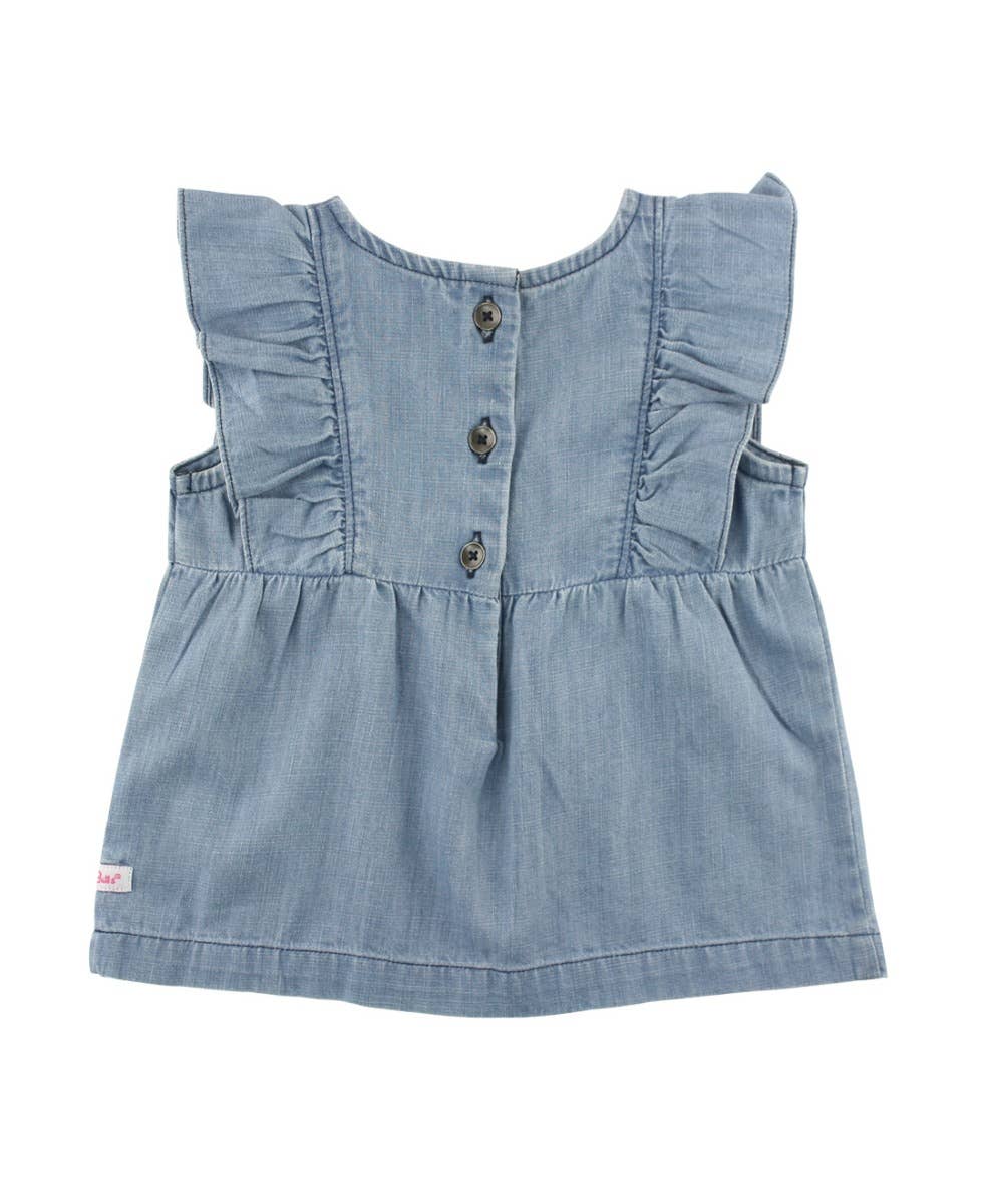 RuffleButts + RuggedButts - Girls Light Wash Denim Classic Ruffle Tank Woven