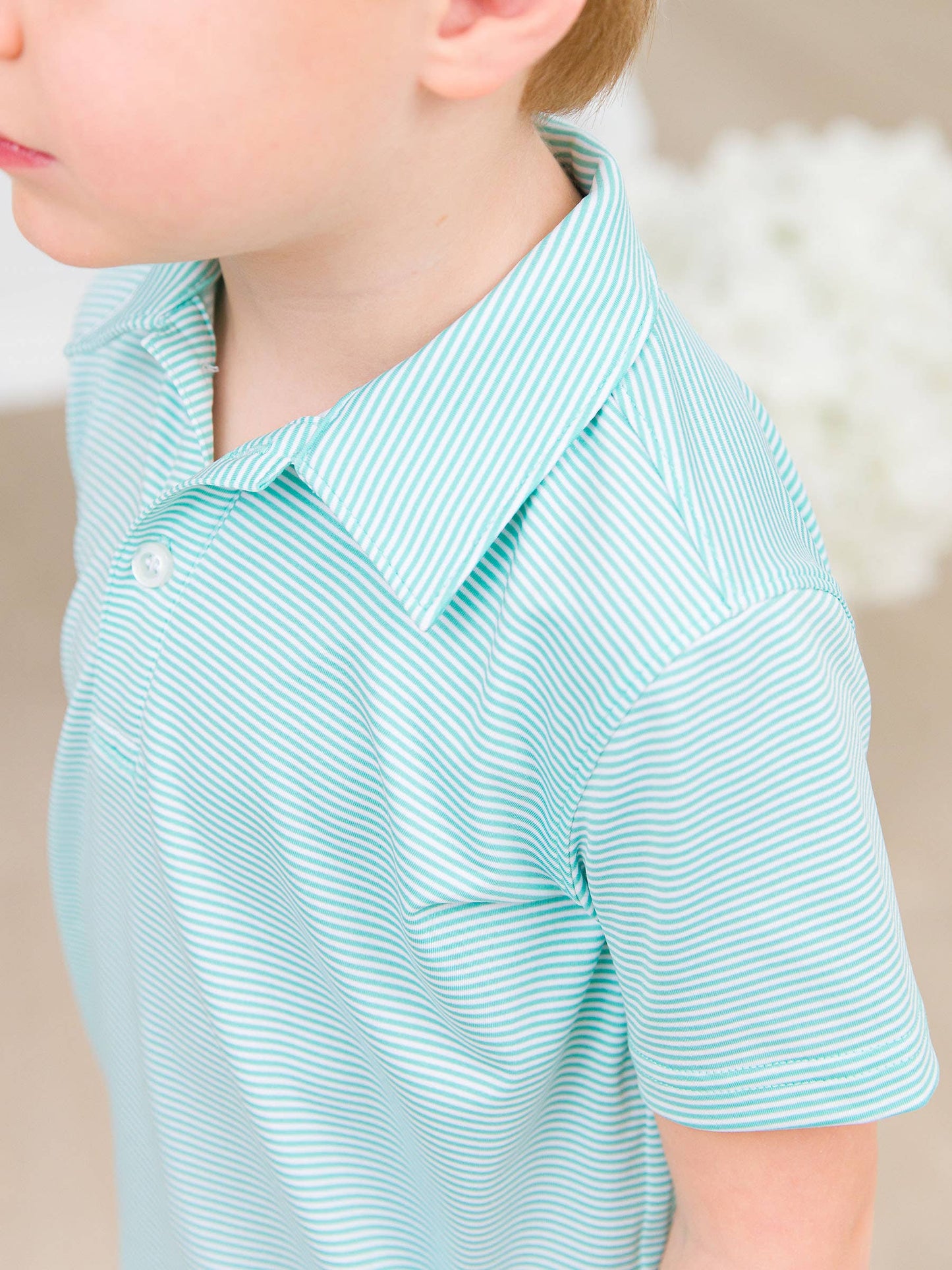 RuffleButts + RuggedButts - Boys Marine Green Micro Stripe Knit Short Sleeve Performance Polo