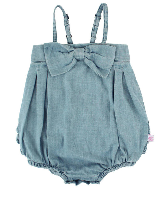 RuffleButts + RuggedButts - Baby Girls Light Wash Denim Bow Front Bubble Woven Romper