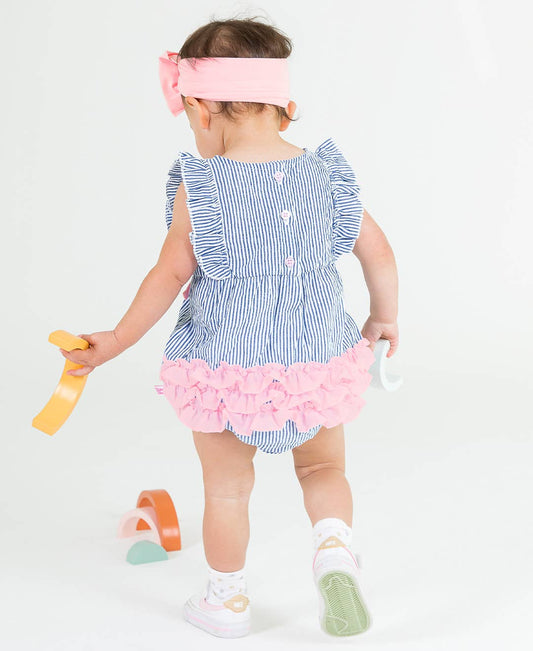 RuffleButts + RuggedButts - Baby Girls Blue Seersucker Classic Ruffle Bubble Romper