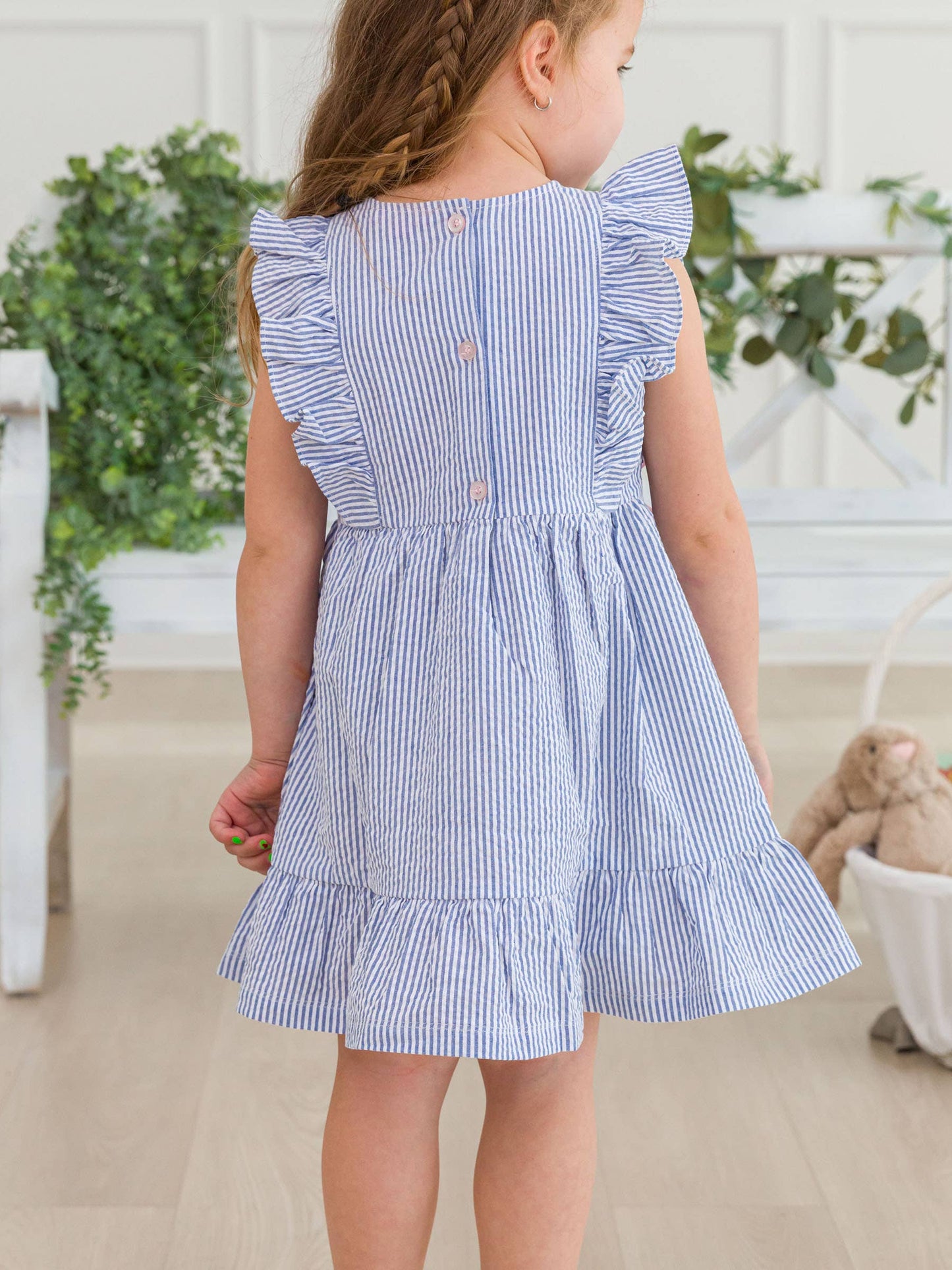 RuffleButts + RuggedButts - Girls Classic Blue Seersucker Pinafore Bow Dress