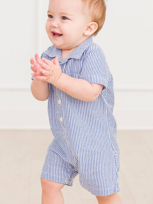 RuffleButts + RuggedButts - Baby Boys Classic Blue Seersucker Button-Up Romper