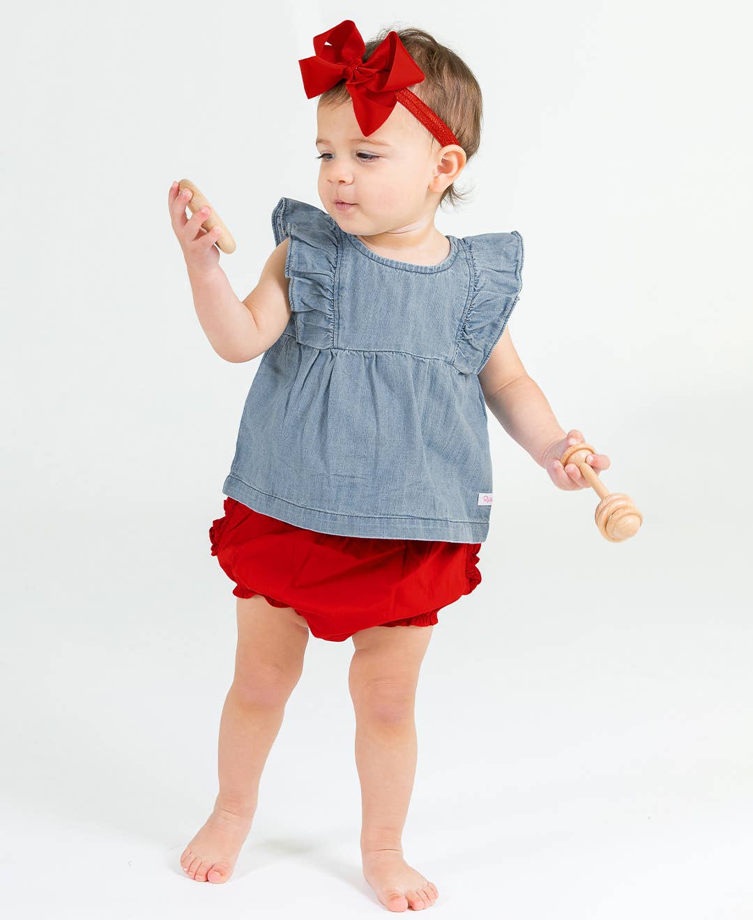 RuffleButts + RuggedButts - Girls Light Wash Denim Classic Ruffle Tank Woven