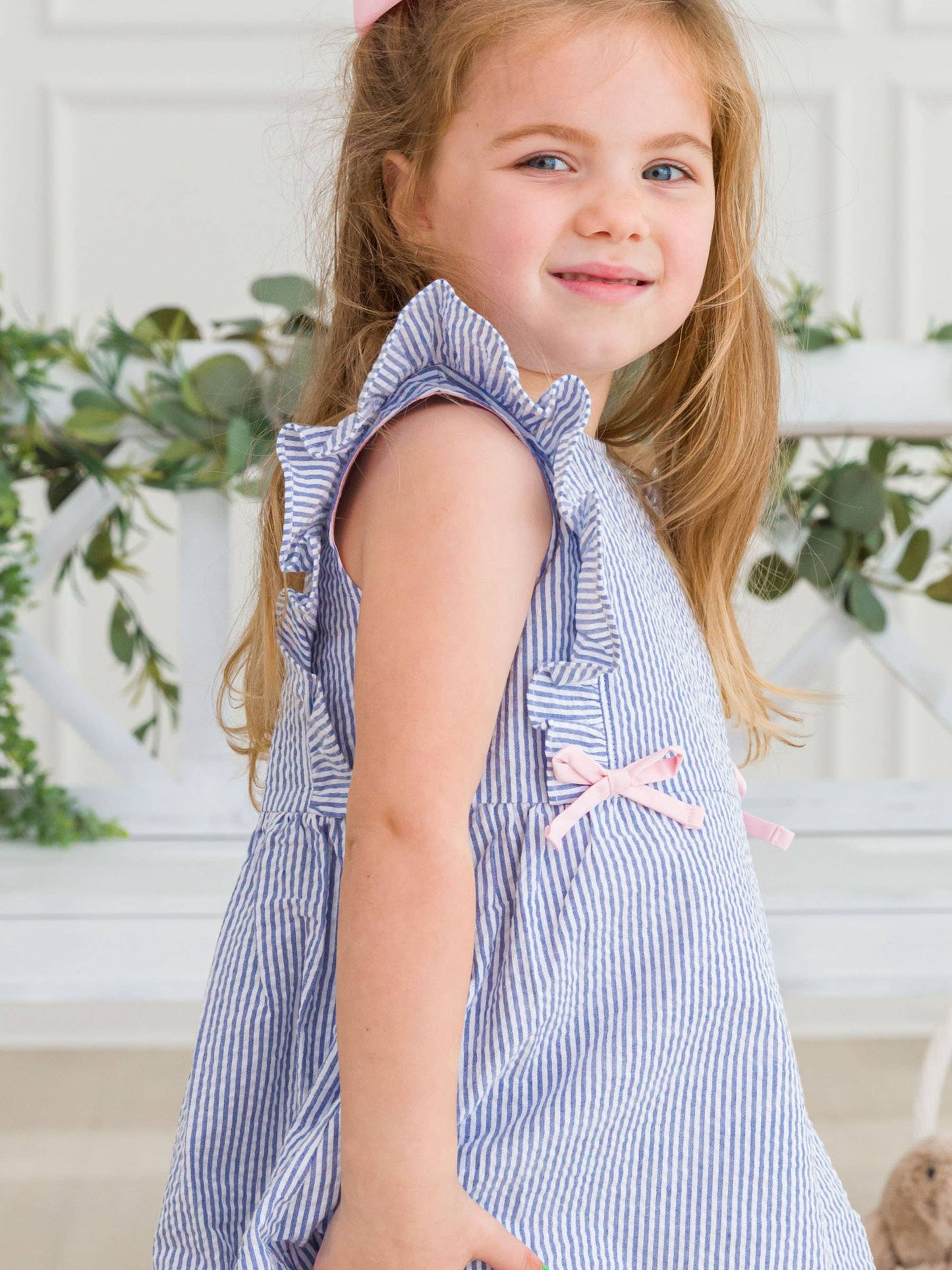 RuffleButts + RuggedButts - Girls Classic Blue Seersucker Pinafore Bow Dress