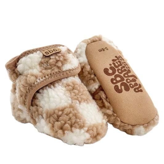 Shore Baby Co. - The Newborn Sherpa Bootie — Camel + White Checkered