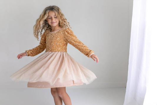 Oopsie Daisy - Kids Sequin Champagne Holiday Fancy Sparkle Tulle Dress