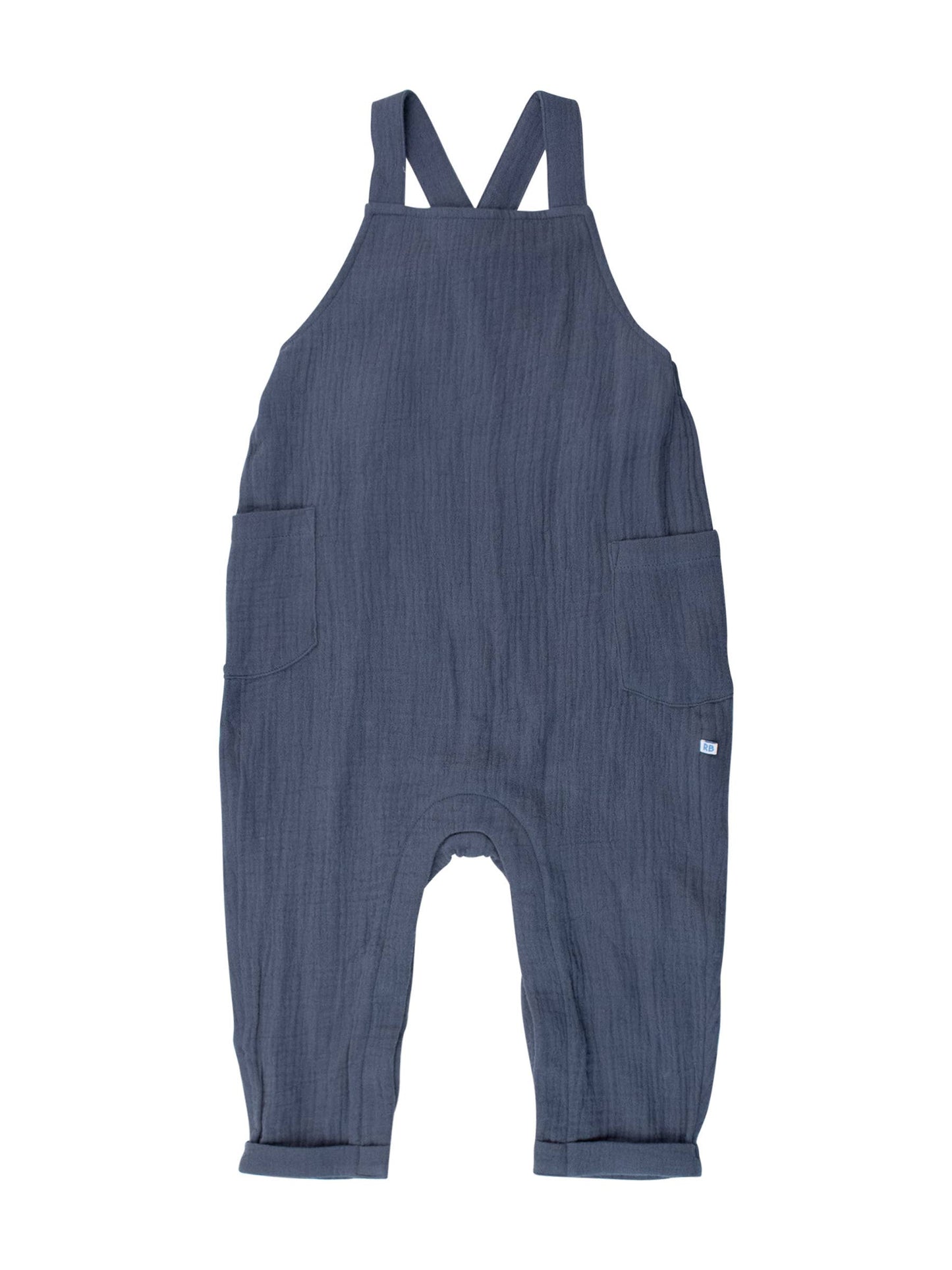 RuffleButts + RuggedButts - Baby Boys Steel Blue Cotton Gauze Overall Jumpsuit