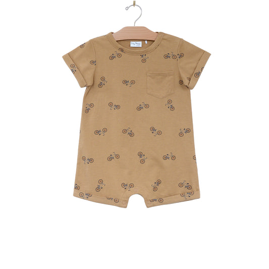 City Mouse Studio- Short Sleeve Romper- Combed Jersey- Saffron/Bikes