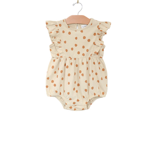 City Mouse Studio- Flutter Sleeve Short Romper- Combed Jersey- Saffron/Dots