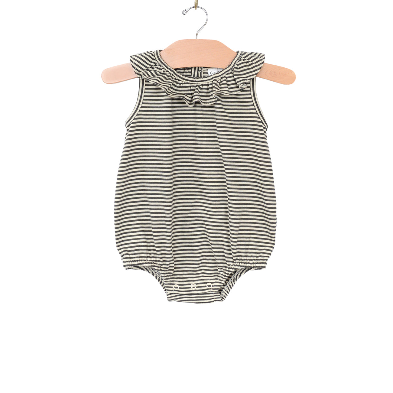 City Mouse Studio- Frill Collar Romper- Combed Jersey- Stripe Charcoal