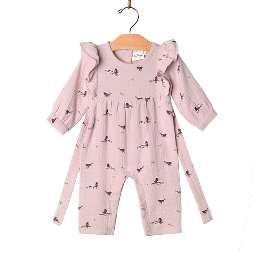 City Mouse Studio- Flutter Long Romper/Muslin- Lavender Birds