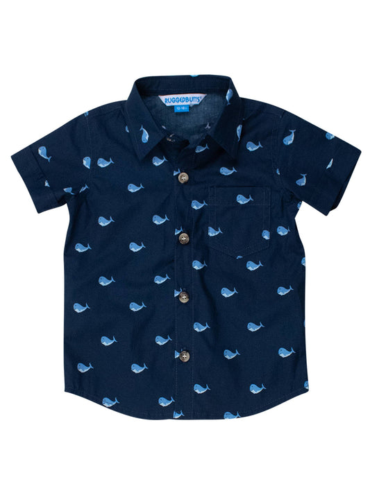 RuffleButts + RuggedButts - Boys Blue Whales Short Sleeve Button Down Shirt