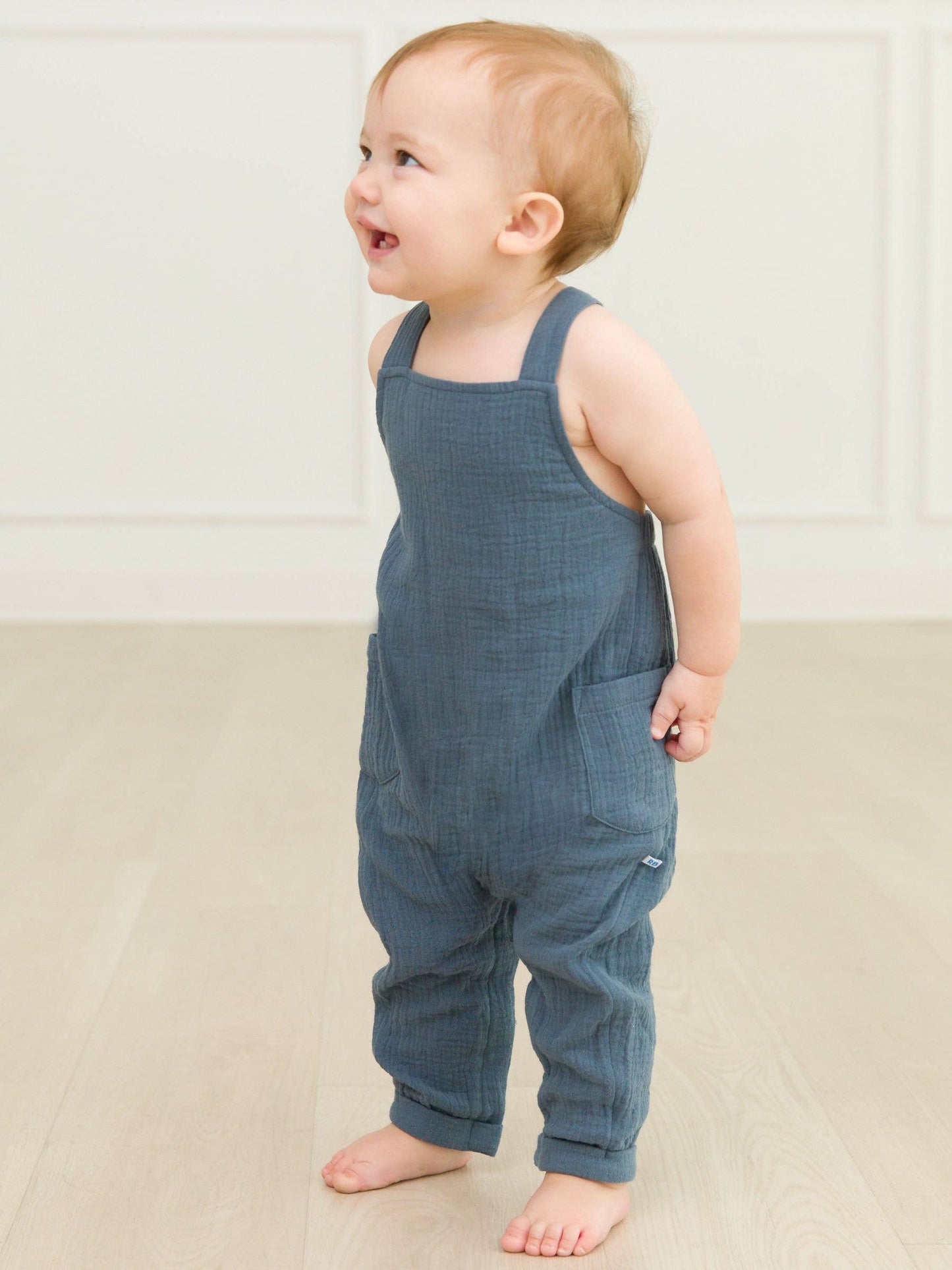 RuffleButts + RuggedButts - Baby Boys Steel Blue Cotton Gauze Overall Jumpsuit