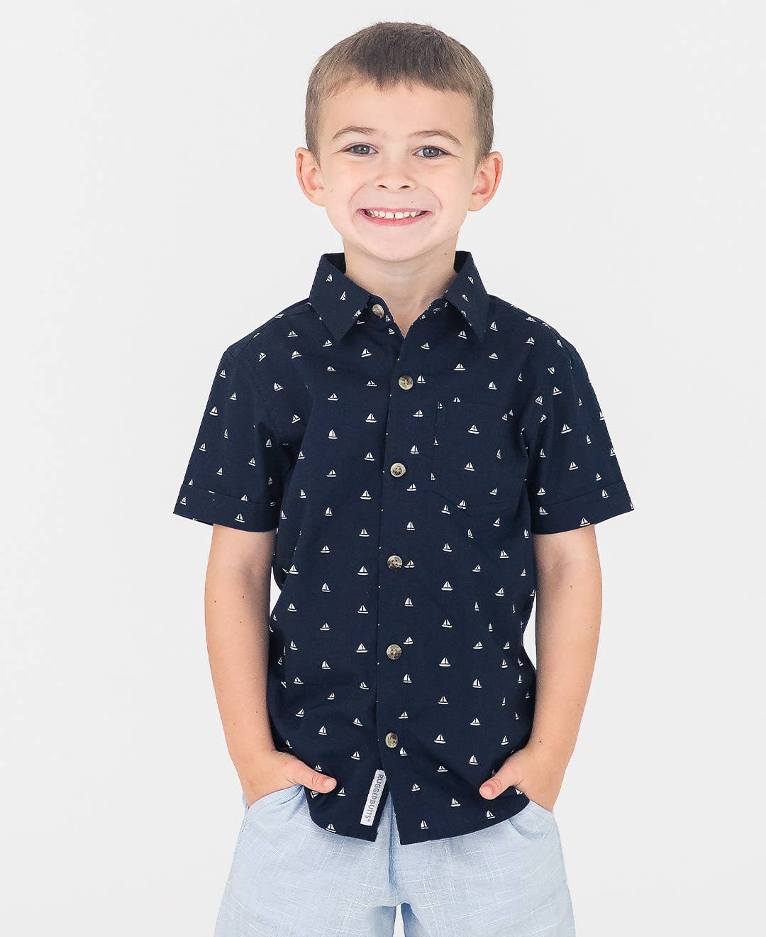 RuffleButts + RuggedButts - Boys Navy Sailboats Short Sleeve Button Down Shirt