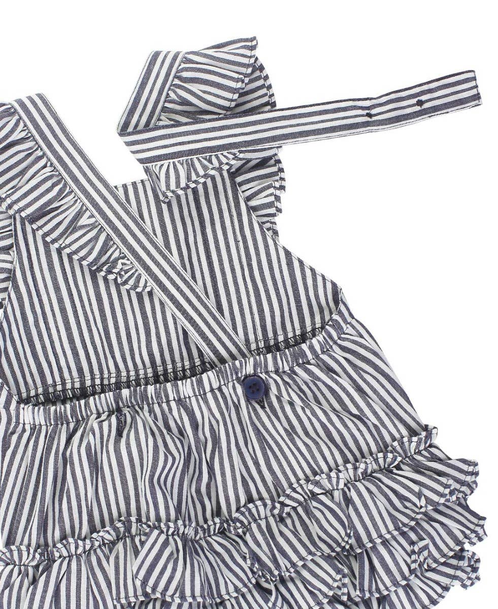 RuffleButts + RuggedButts - Baby Girls Navy Micro Stripe Woven Pinafore Cross-Back Bubble Romper