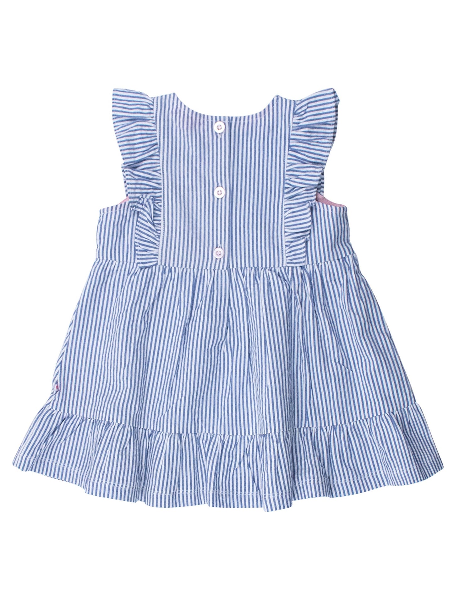 RuffleButts + RuggedButts - Girls Classic Blue Seersucker Pinafore Bow Dress