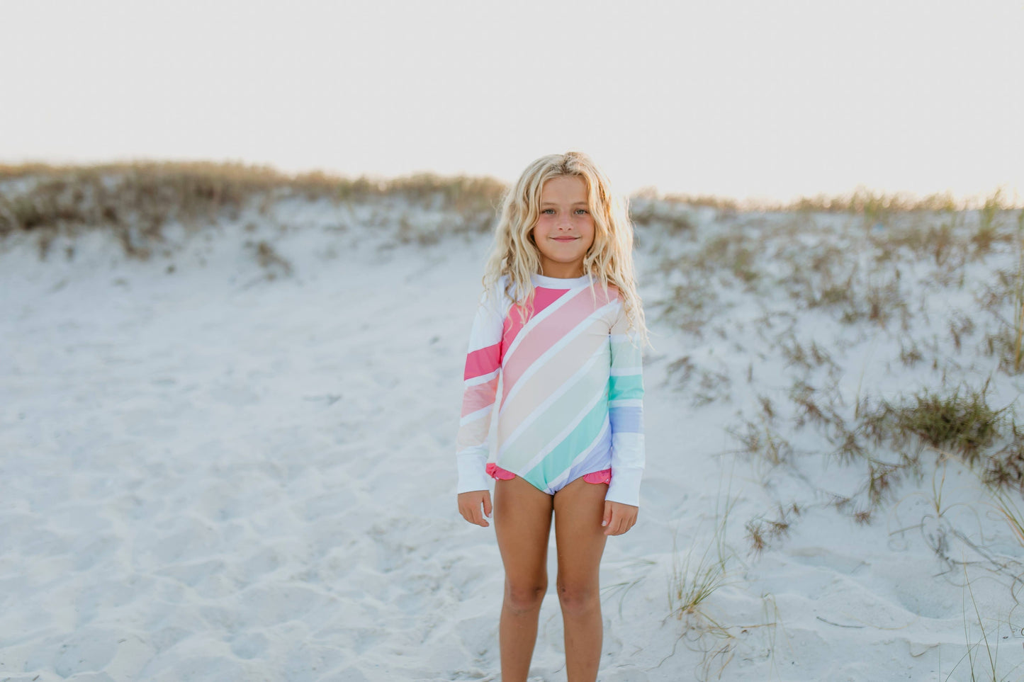 Oopsie Daisy - Kids Pastel Rainbow Stripe Zip Rash Guard One Piece Swimsuit SPD 50