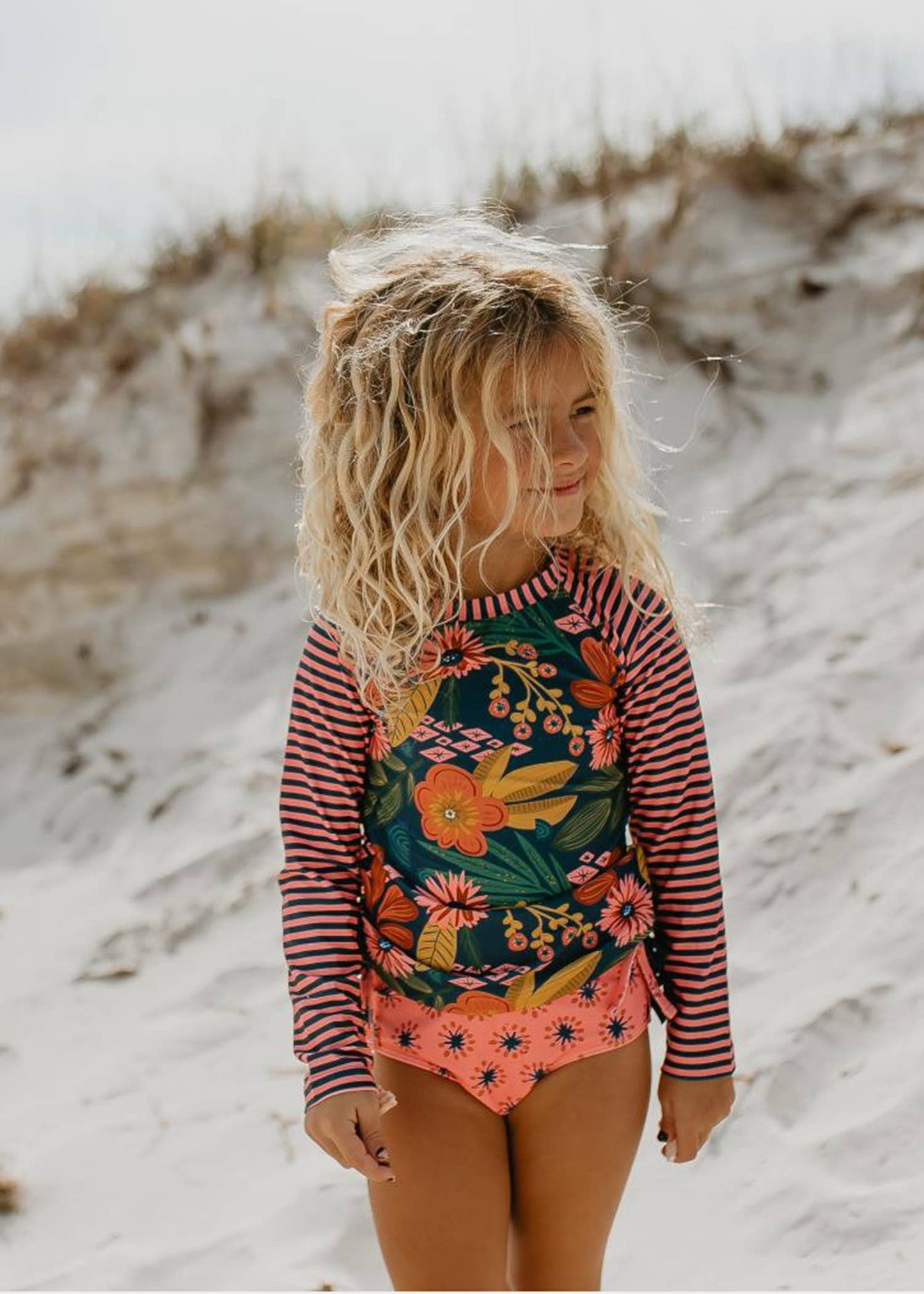 Oopsie Daisy - Kids Long Sleeve Navy Tropical Rash Guard Ruffle Swimsuit