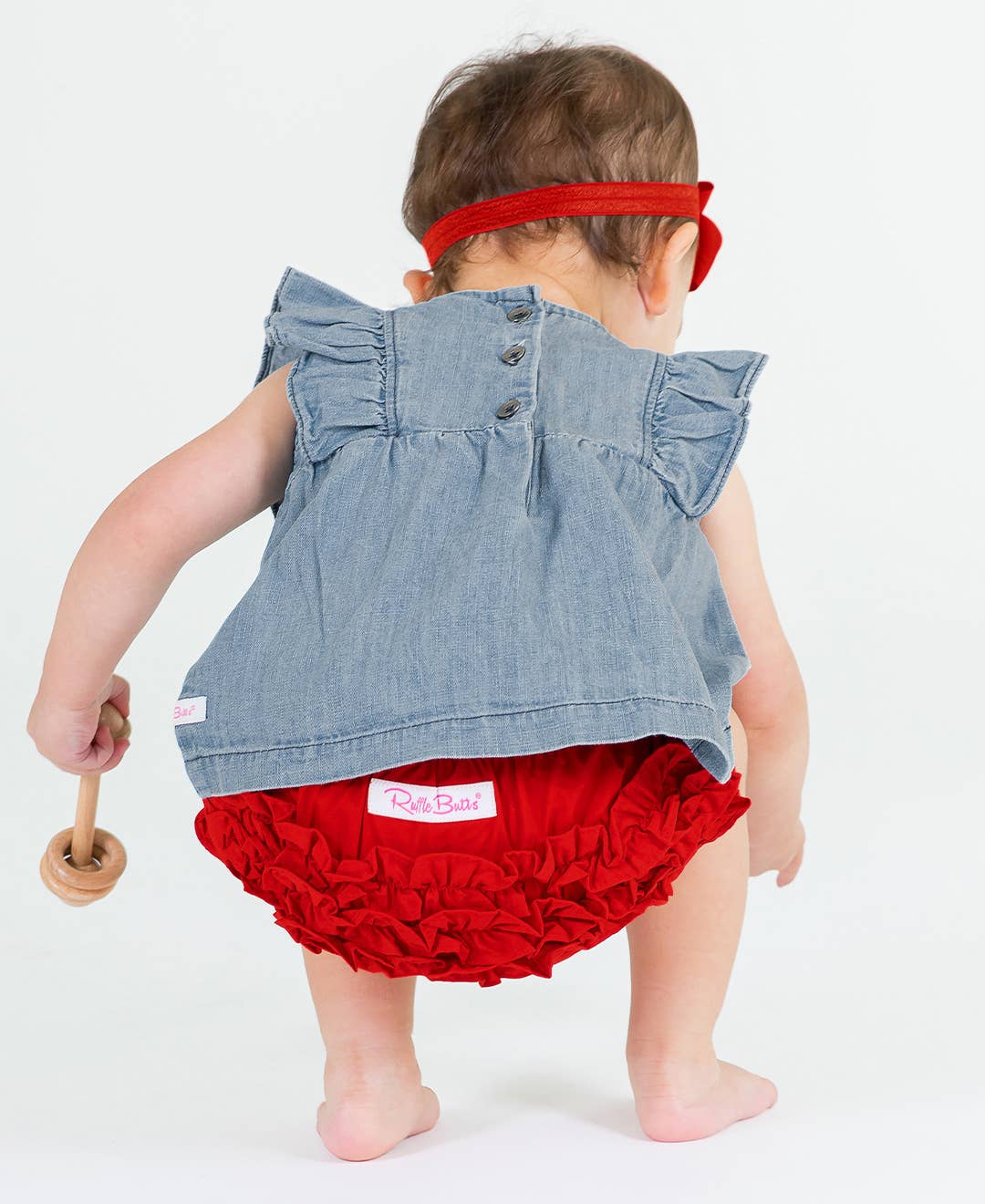 RuffleButts + RuggedButts - Girls Light Wash Denim Classic Ruffle Tank Woven