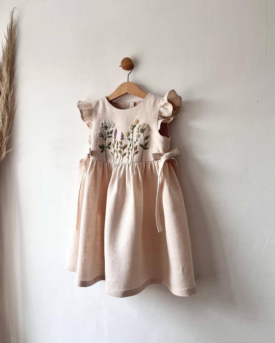 EmbroideryNTA - Dress with Wildflowers Embroidery, Girls Soft Linen Dress