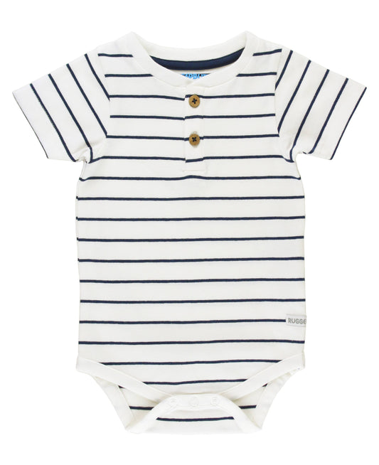 RuffleButts + RuggedButts - Baby Boys White & Navy Stripe Short Sleeve Henley Bodysuit