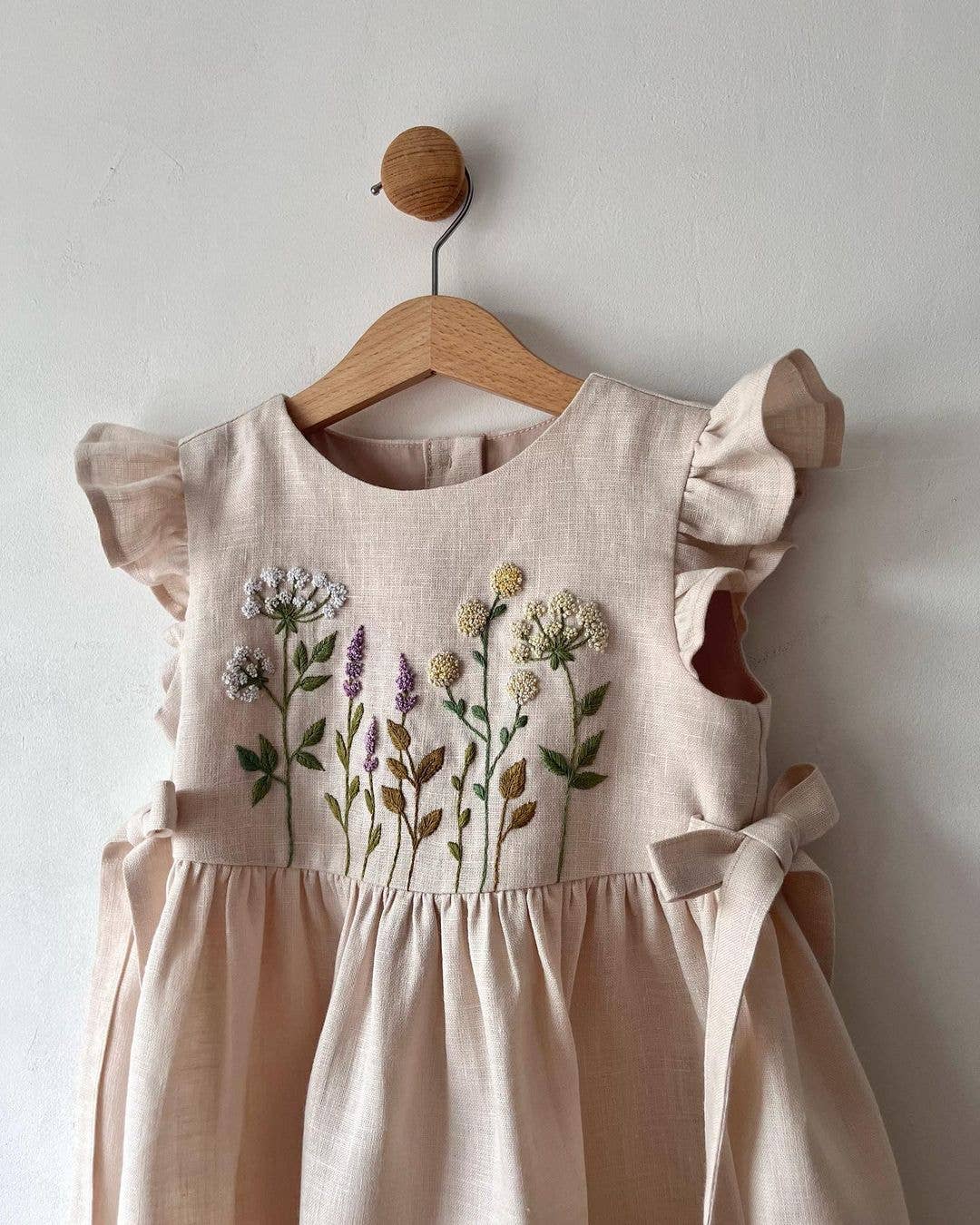 EmbroideryNTA - Dress with Wildflowers Embroidery, Girls Soft Linen Dress